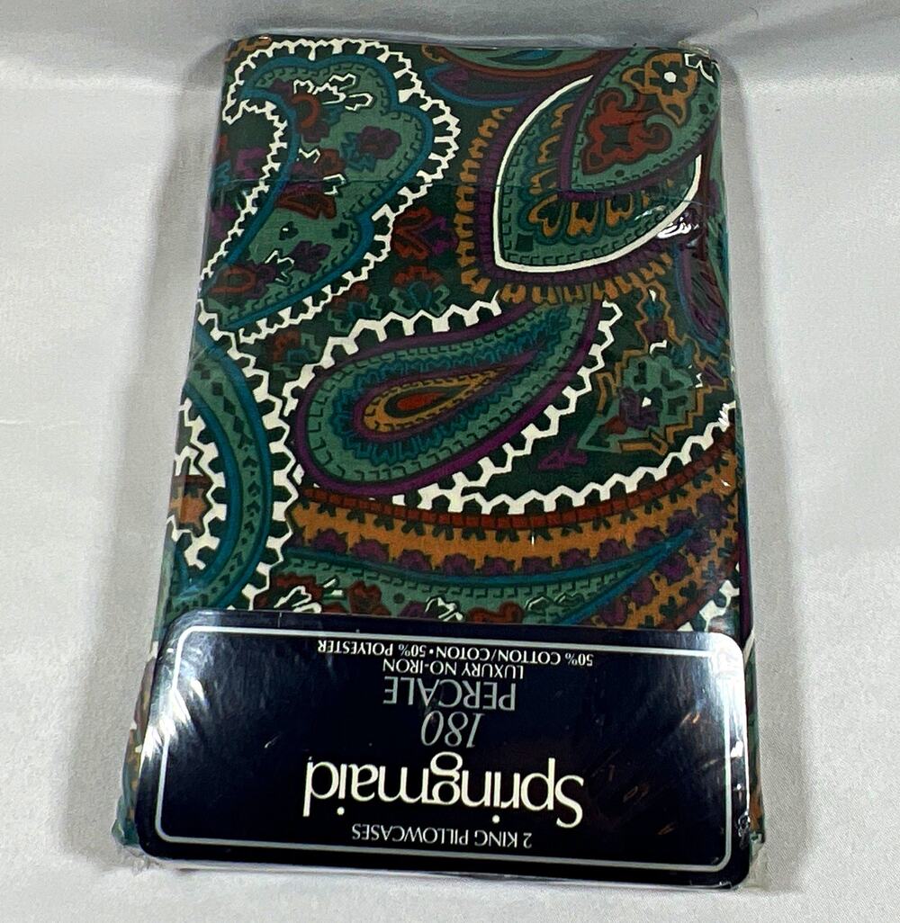 Vintage Springmaid 180 Percale No-Iron King Pillowcase Paisley Green Brown USA